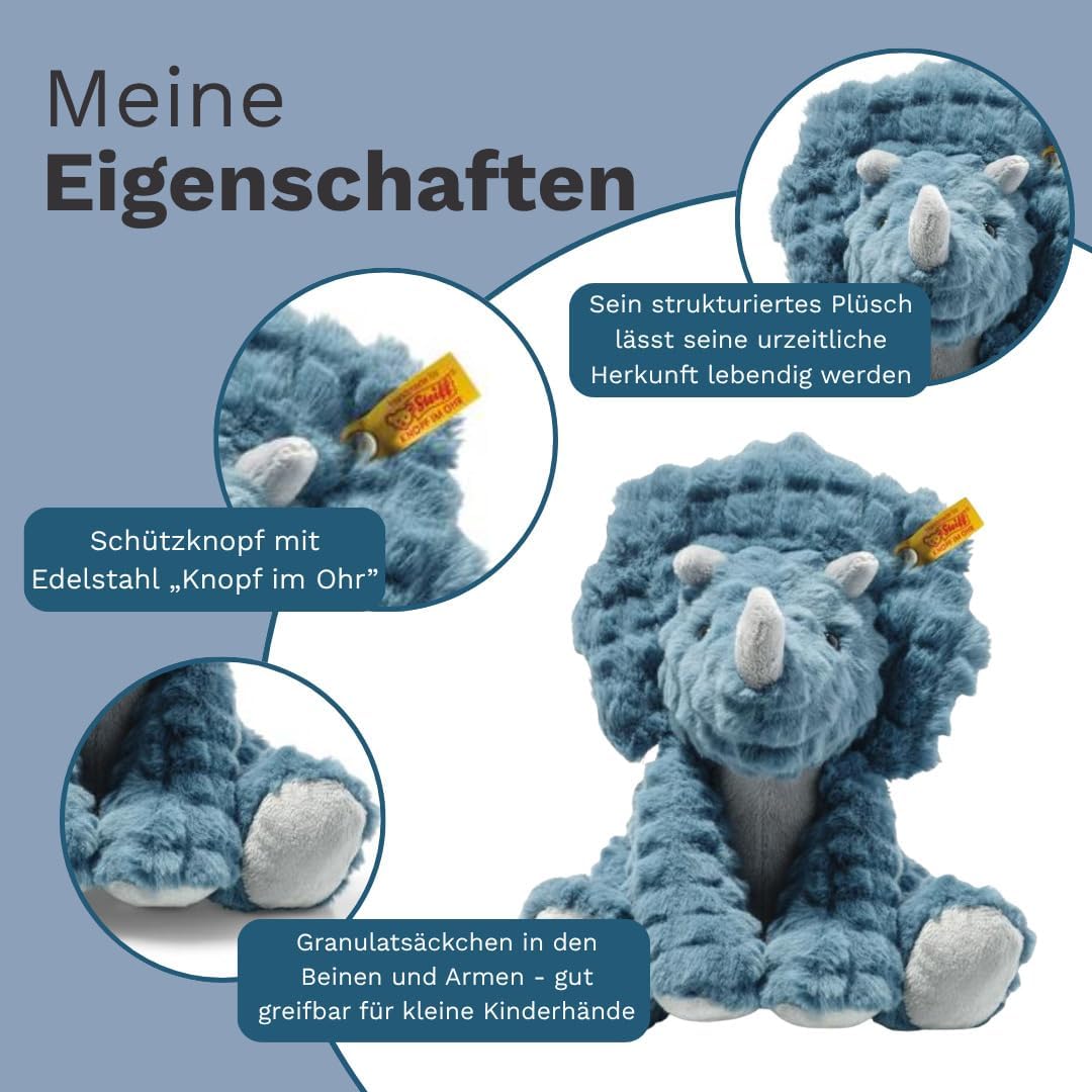 Steiff Soft Cuddly Friends Dixi Triceratops Petrol 28 cm, Dinosaurier Kuscheltier aus kuschelweichem