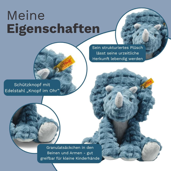 Steiff Soft Cuddly Friends Dixi Triceratops Petrol 28 cm, Dinosaurier Kuscheltier aus kuschelweichem