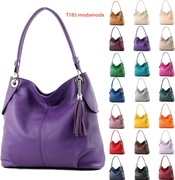 modamoda de - T185 - ital. Damen Schultertasche aus Leder Blassbraun, Blassbraun