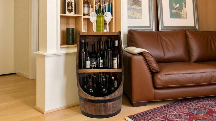weeco Fassbar in braun. Stilvolle Hausbar aus Holz, Exklusive Weinfass mit Regal. Höhe 80x43cm - Her