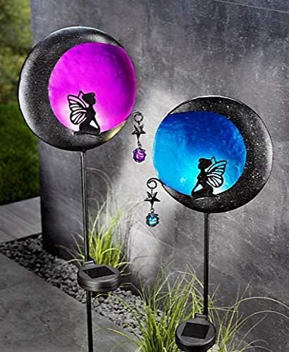 2-er Set Solar Metall Gartenstecker, Motiv: Elfe im Mondlicht in der Farbe violett oder blau, bis zu
