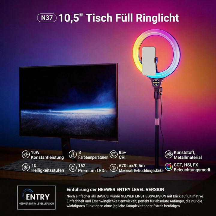 NEEWER Entry Level Version 10,5" RGB Ringlicht mit Tischständer Handyhalterung kompatibel mit iPhone
