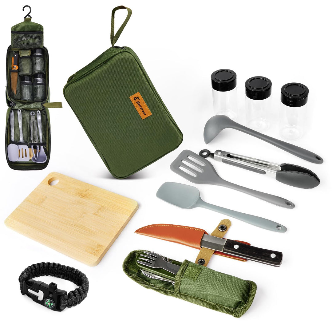 Camping Küchenhelfer Set mit Wasserdichter Tasche für Camping Kochgeschirr Grau, Grau