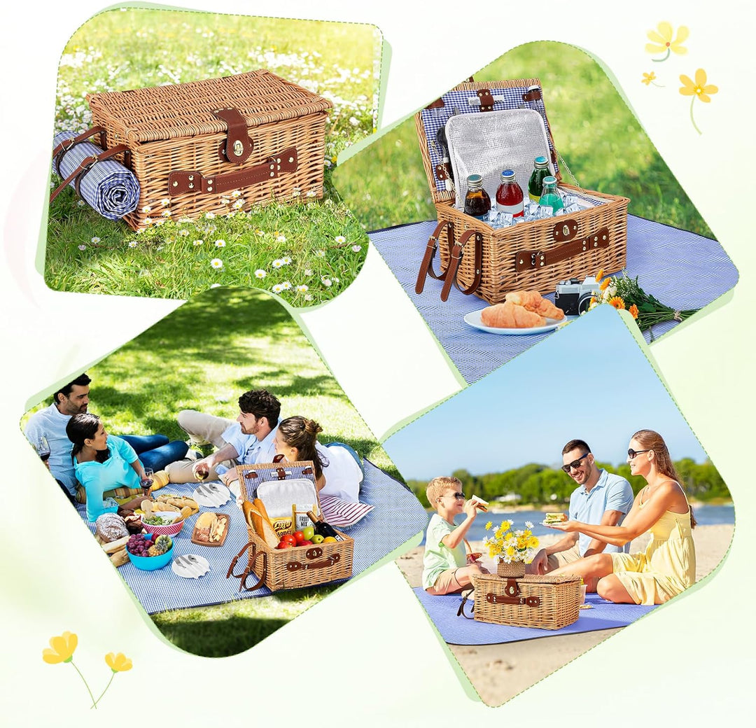 Picknickkorb für 4 Personen, handgeflochtener Korb mit eingebauter Isolierung und wasserdichter Deck