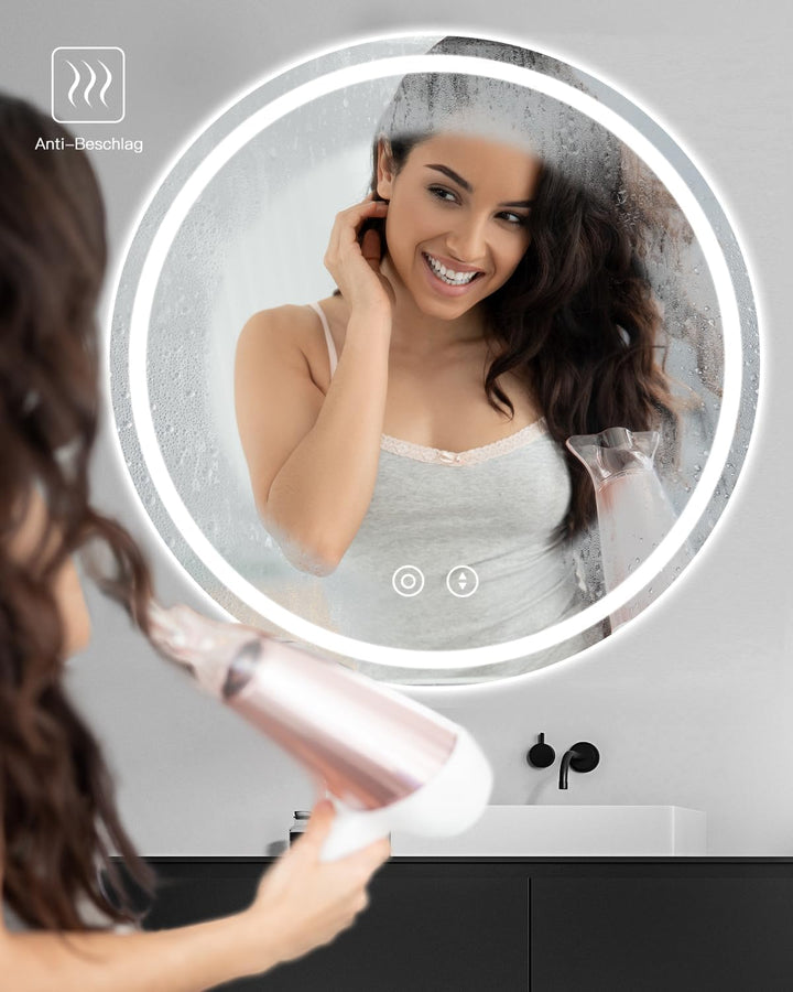 Dripex Badspiegel mit Beleuchtung Rund Led Spiegel mit Touch-Schalter, Dimmbar, 3 Lichtfarbe Einstel