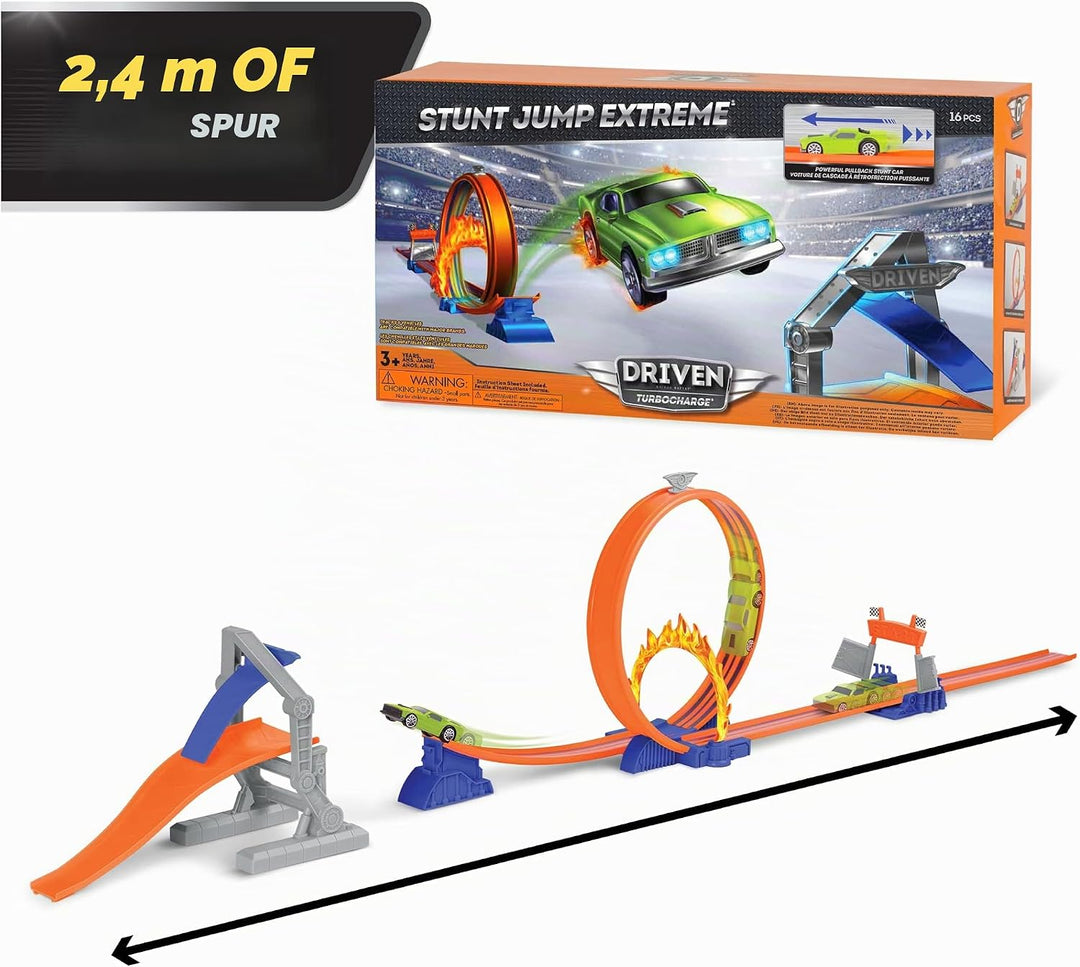 Driven Turbocharge Autorennbahn Stunt Jump Extreme – mit Rennauto, Looping, Feuerring, Bahnen, Rampe