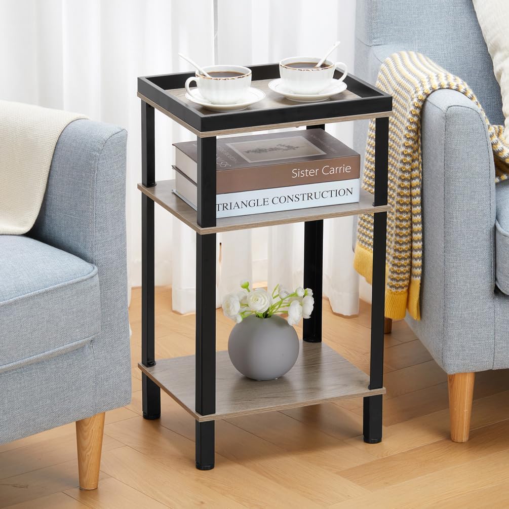 Beistelltisch Rechteckig Schmal, 3 Ebenen Nachttisch Industrial Design, Kleiner Couchtisch mit Table