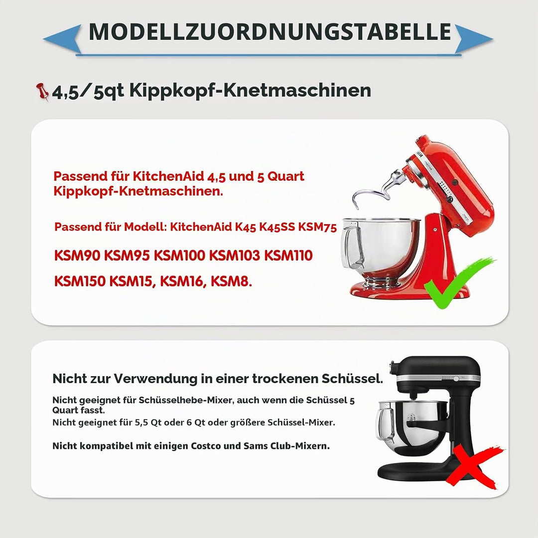 Spiralknethaken Edelstahl für KitchenAid 4,5–5 Quart Mittelgrosse Küchenmaschinen mit kippbarem Moto