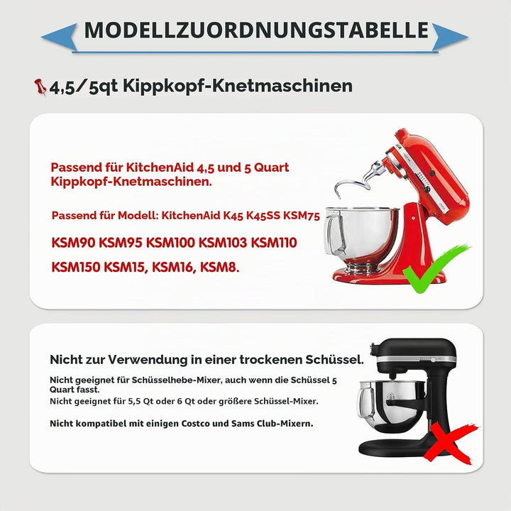 Spiralknethaken Edelstahl für KitchenAid 4,5–5 Quart Mittelgrosse Küchenmaschinen mit kippbarem Moto