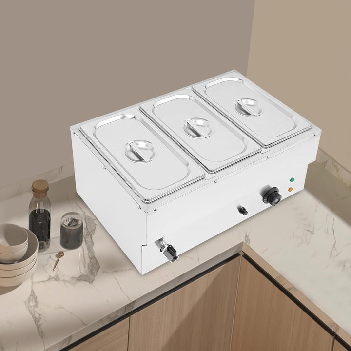 3 Behälter Elektrischer Speisenwärmer，Profi Wasserbad Warmhaltebehälter mit Ablaufhahn 30-110°C Buff