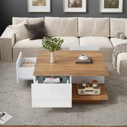 Merax Moderner Couchtisch Weiss + Holzfarbe – Quadratischer Sofatisch mit 3 Schubladen und Hochglanz