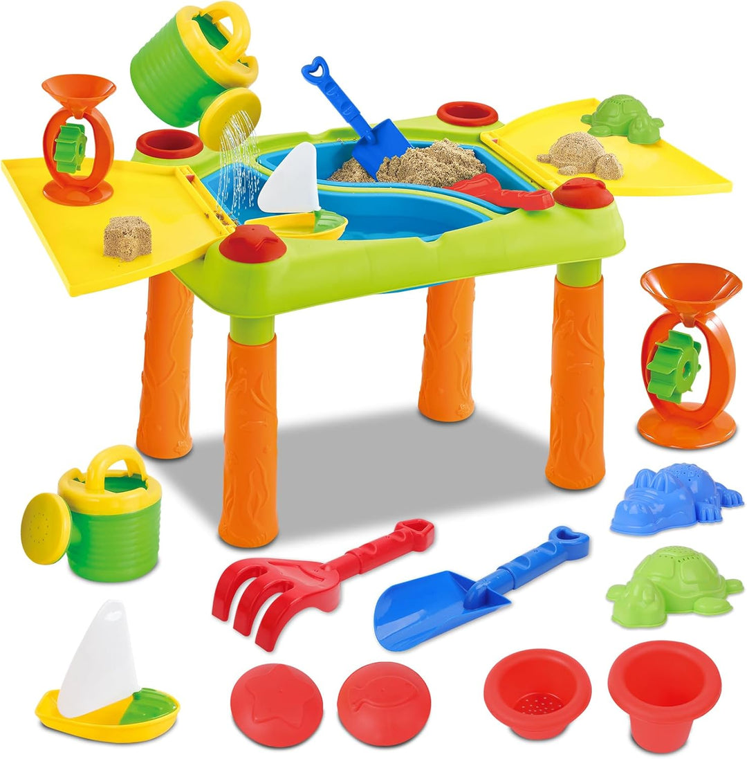 deAO Sand und Wasser Outdoor Aktivitäten Spieltisch für Kinder mit Doppelfach, Deckel und über 10 Zu
