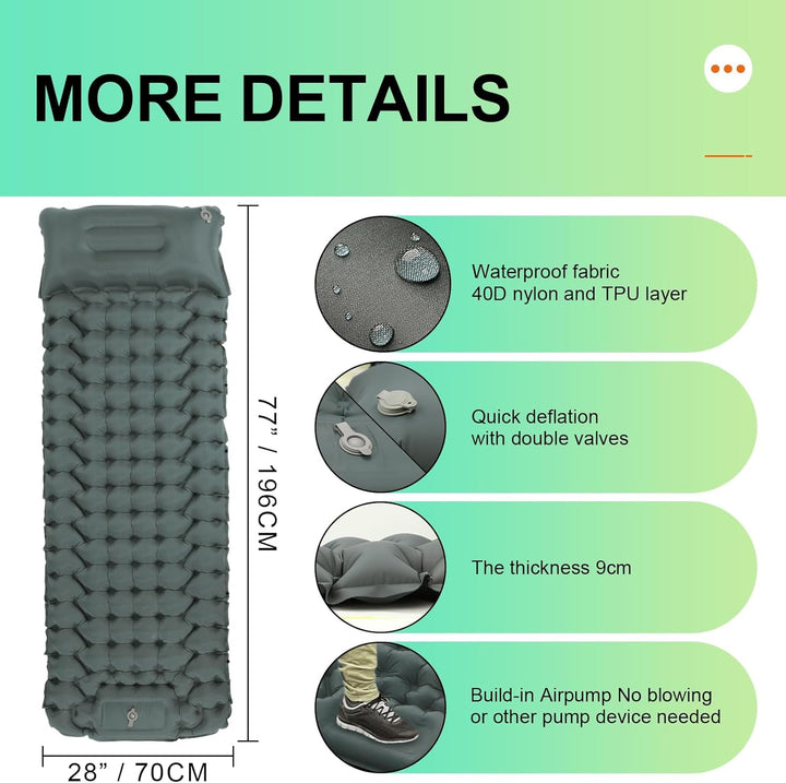 Luftmatratze Camping Ultraleichte Isomatte Camping mit Fusspresse Pumpe, Aufblasbare Matratze für Ou
