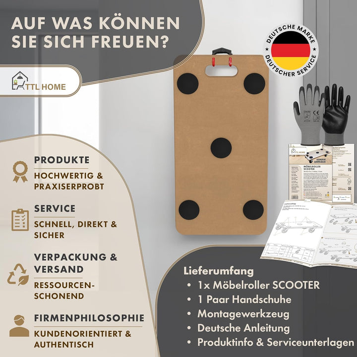 TTL Home Möbelroller Scooter 58x30x11cm - 250kg Traglast Rollbrett & Transportroller mit 360° Gummi