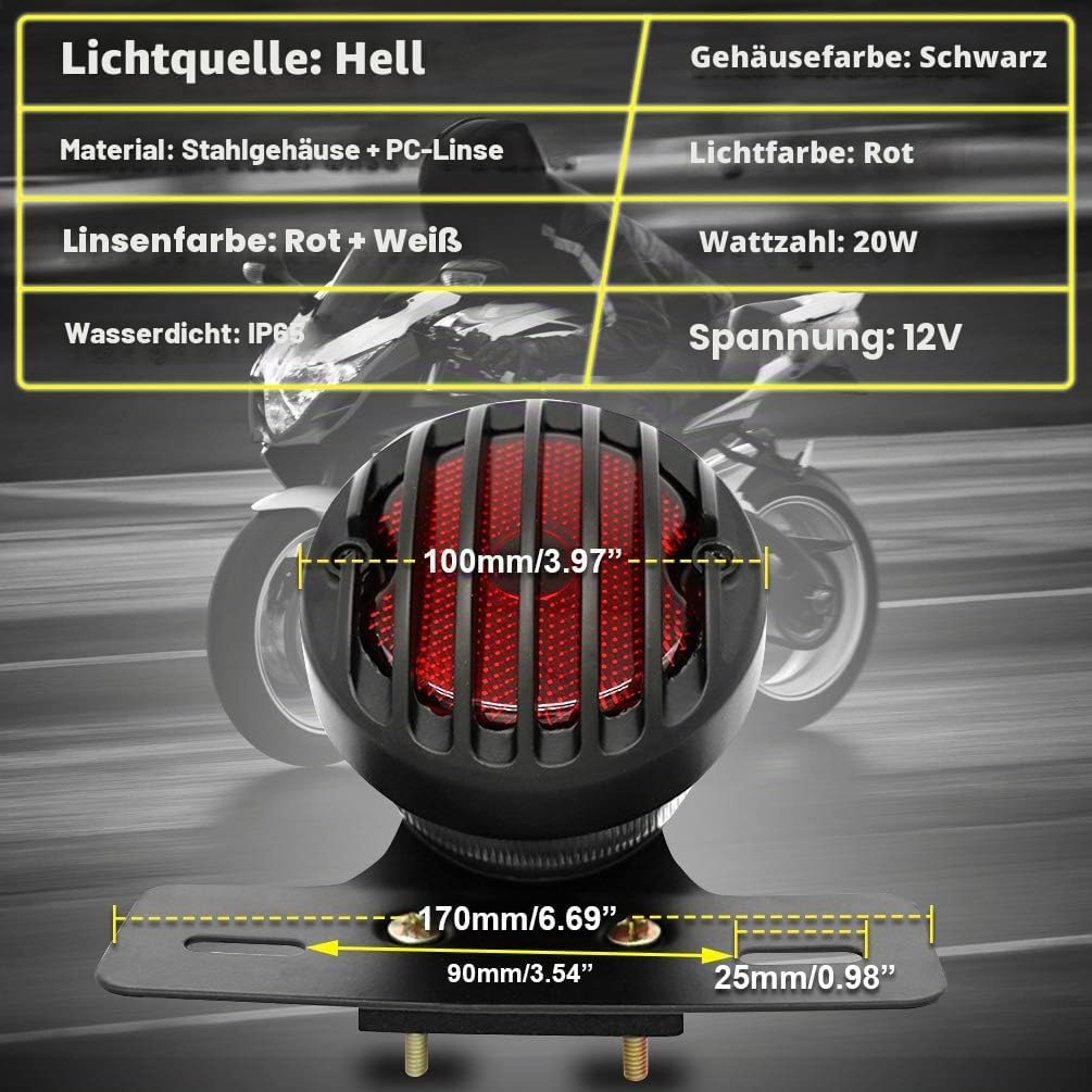 Katur Motorrad-Rücklicht für Harley Bobber Chopper Custom April IA Mana, Schwarz, 1 Stück