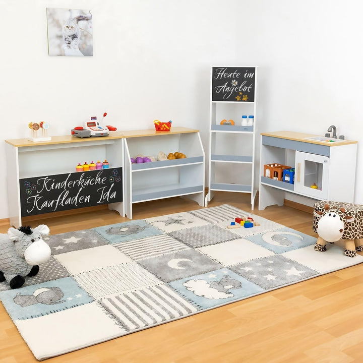 Coemo Spielküche Kaufladen Ida, grau, 4er Set mit Spülbecken, grosse Kinderküche, Kaufmannsladen für