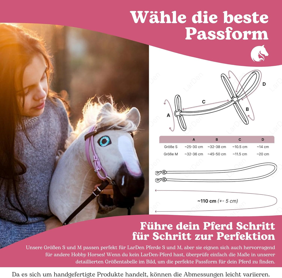 LarDen Hobby Horse Trense mit Zügeln | Komplettes Kunstlederzaumzeug Grau mit Pink Stirnriemen | Hob