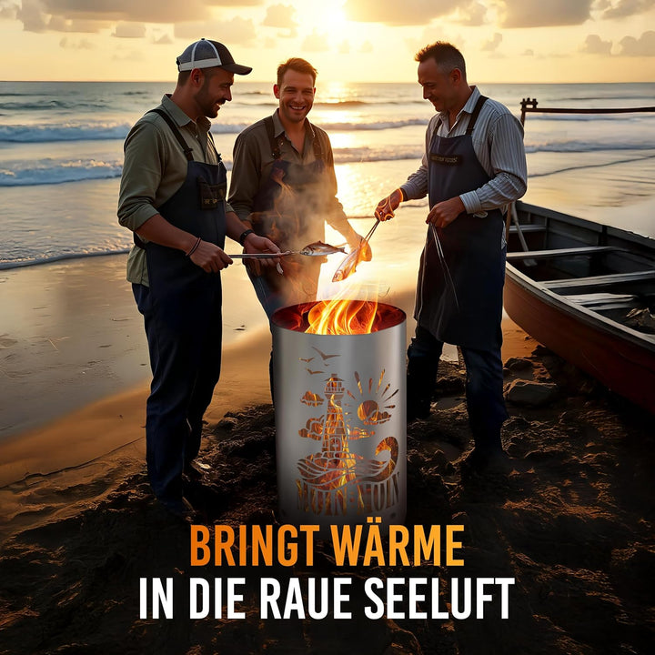 TiKo-Design® Feuertonne - Lagerfeuertonne - Feuerkorb mit Leuchtturm Moin Moin Motiv – Verleihen Sie