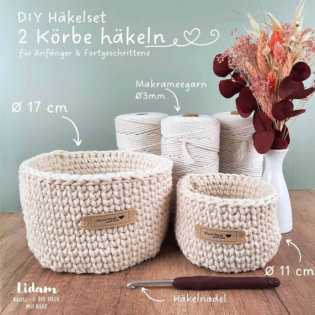 LIDAM 2 Körbe häkeln | Häkelset für Anfänger +Videoanleitung | Makrameegarn, Häkelnadel, Lederettike