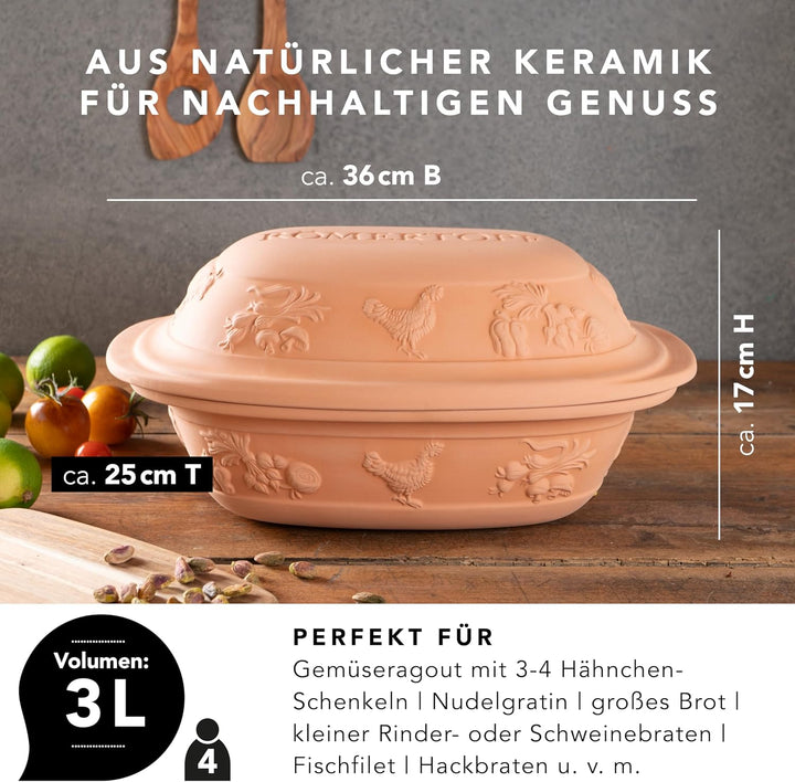 Römertopf Bräter Rustico 3 L Schmortopf Keramik mit Deckel, Terrakotta