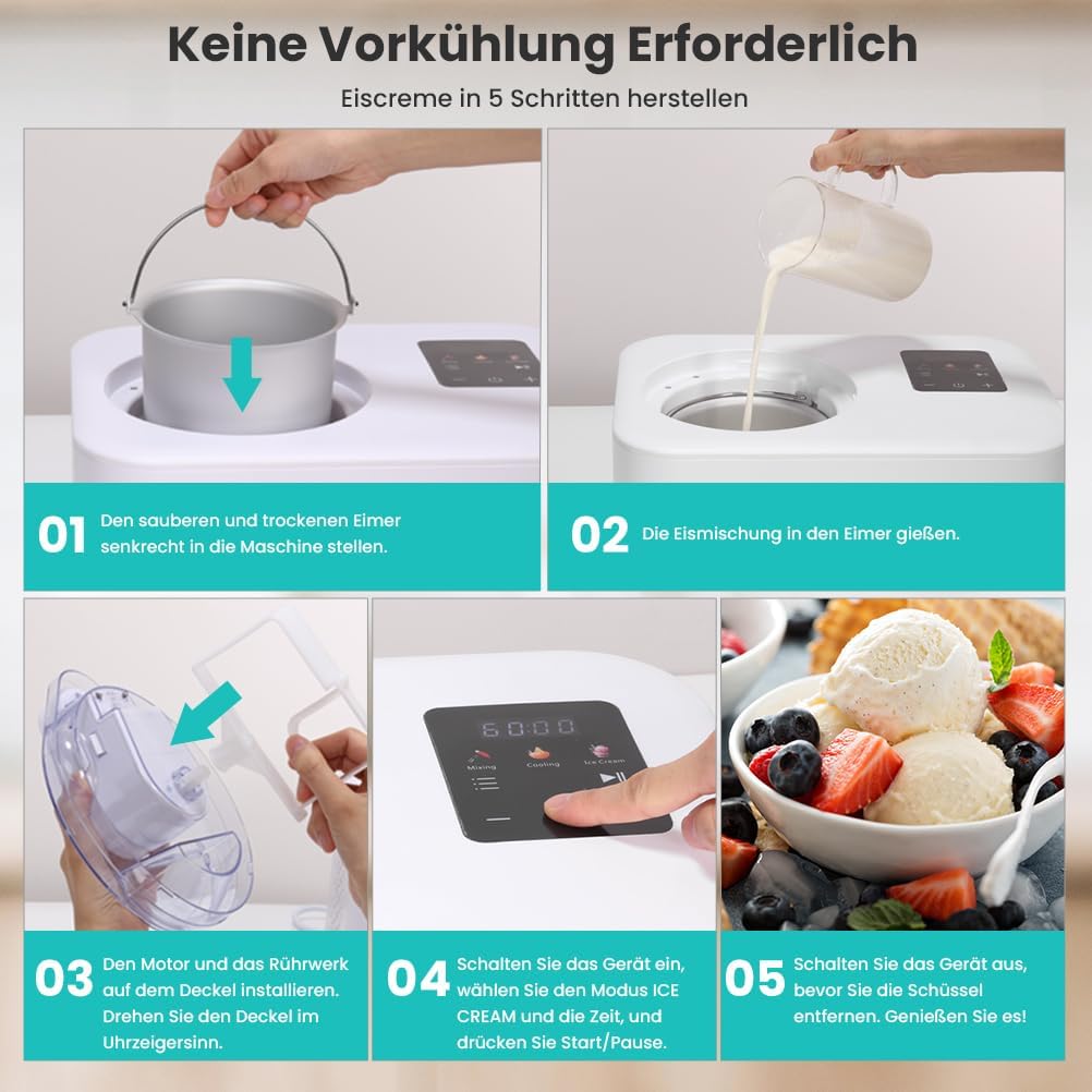Acmeenjoy Eismaschine mit Kompressor 1,2L, Eismaschine Selbstkühlend 110W, mit Entnehmbarem Eisbehäl