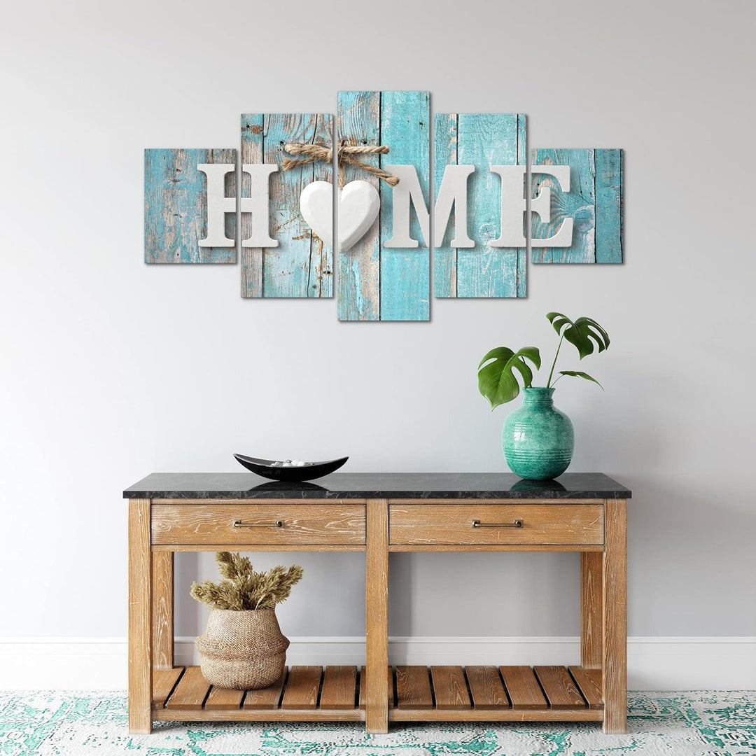 Runa Art Wandbilder Home 5 Teilig Bild auf Vlies Leinwand Deko Wohnzimmer Holzoptik Türkis Grau 0148