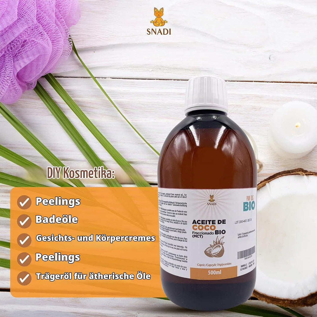 Fraktioniertes Kokosnussöl (MCT) Bio 500 ml | 100% Rein und Natürlich | Tiefenfeuchtigkeitscreme für