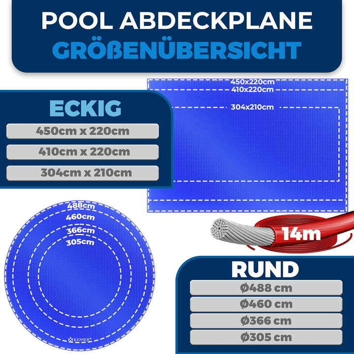 KESSER® Solar Poolabdeckung Pool Abdeckplane Rechteckig 410x220cm Poolplane 200g/m² PE Material Inkl
