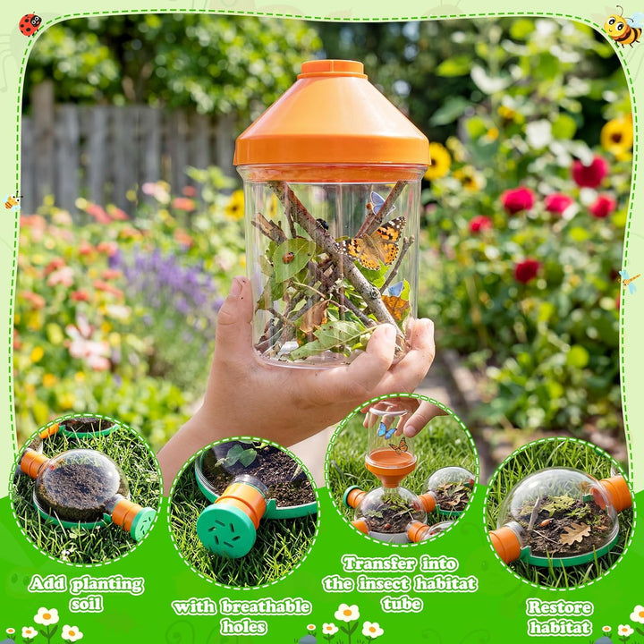 deAO Kinder Insektenfänger Set mit LED-Licht, Outdoor Abenteuerset mit Insektenhabitat Tunnel, Beche