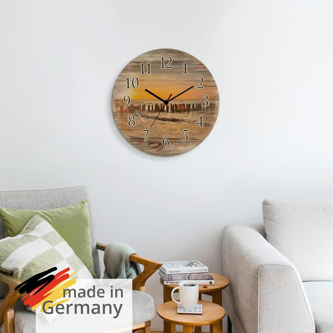 ARTLAND Wanddeko Wanduhr ohne Tickgeräusche aus Holz Quarzuhr lautlos rund Ø 30 cm Schöner Sonnenunt