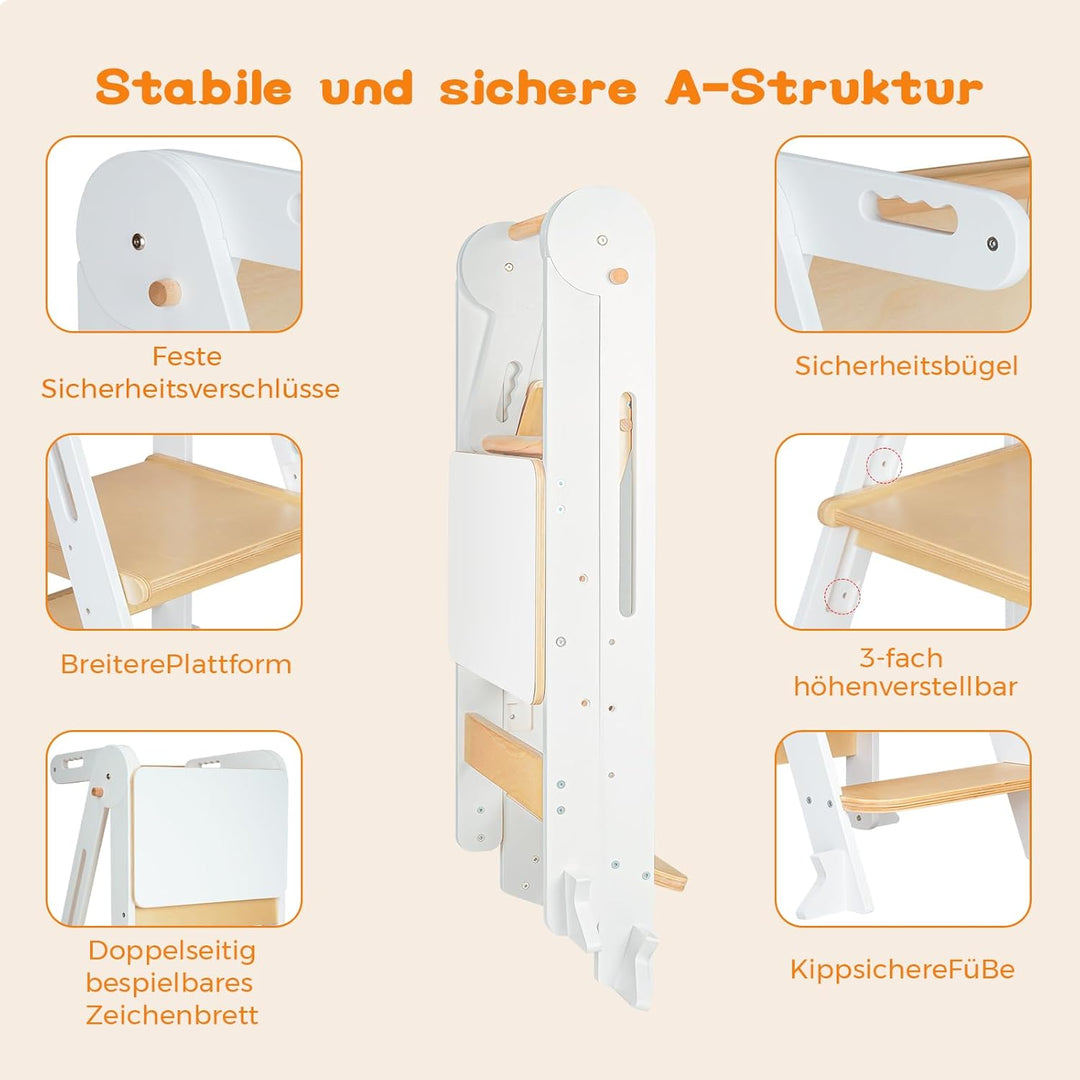 Montessori Lernturm Klappbar, Lernturm ab 1 Jahr mit Reissbrett/Sicherheitshandlauf, Learning Tower