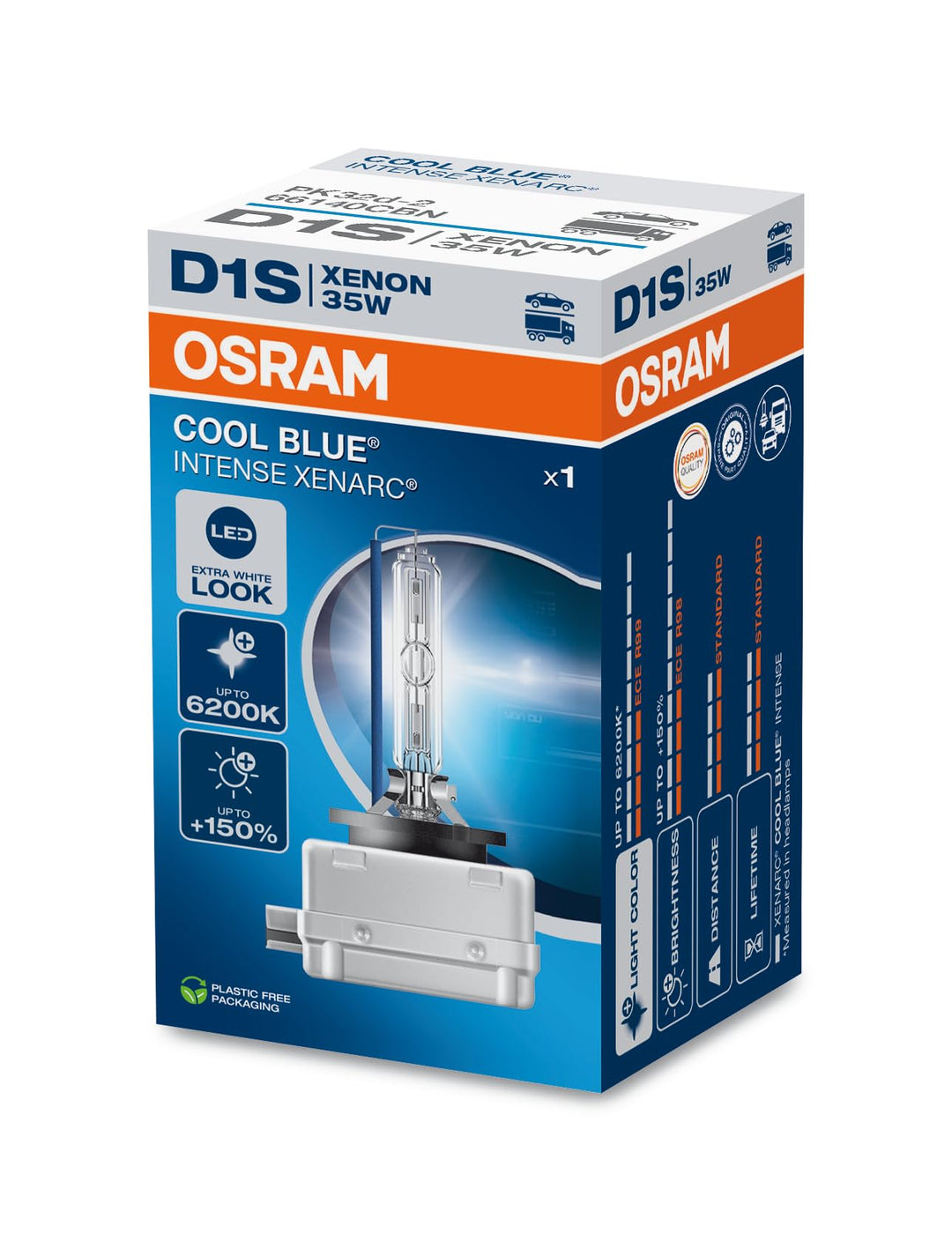 Osram XENARC Cool Blue Intense D1S, +150Prozent mehr Helligkeit, bis zu 6.200K, Xenon-Scheinwerferla
