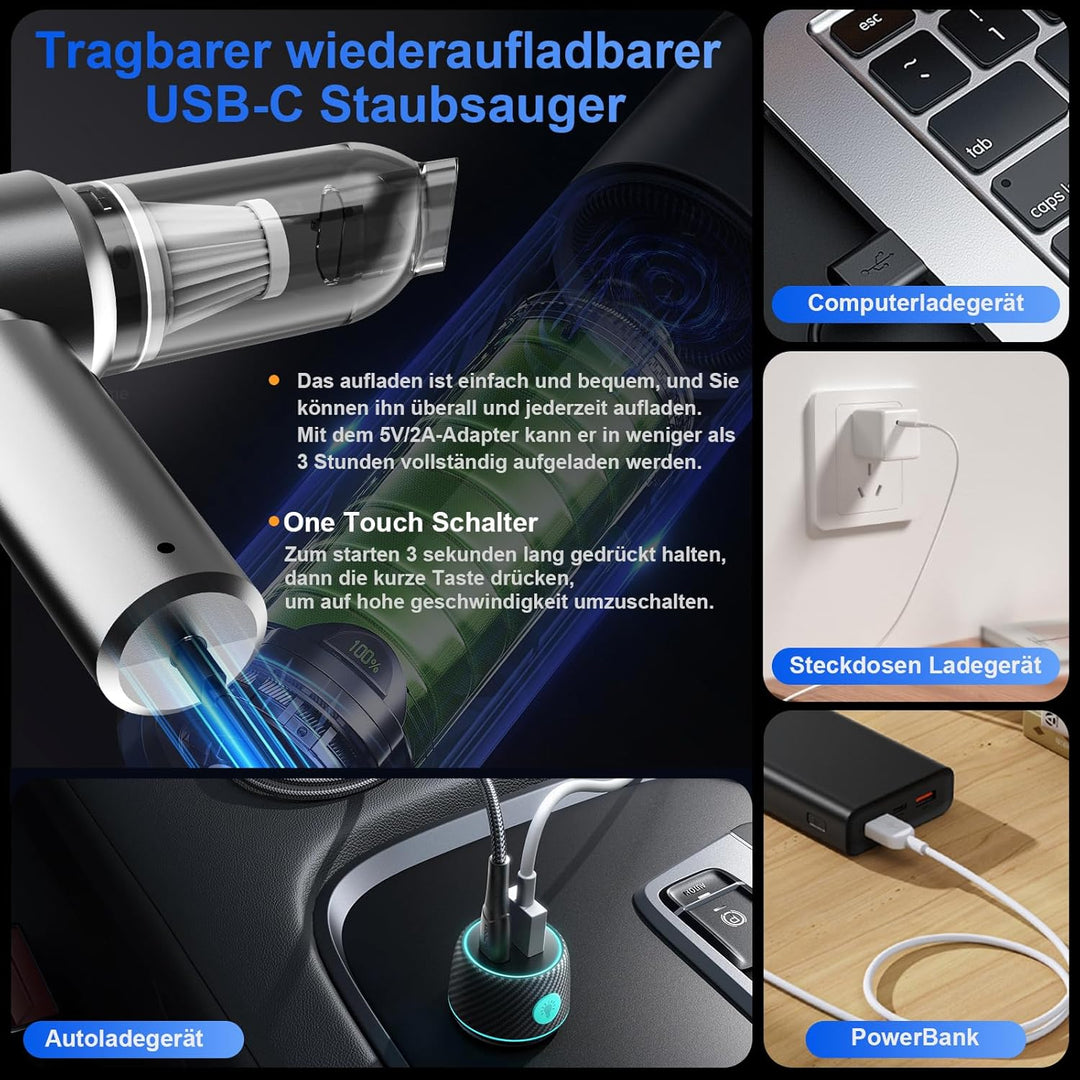 Handstaubsauger, 26000Pa Mini Akku Staubsauger Kabellos 4-In-1 Autostaubsauger 6000mAh 3-Gang Elektr