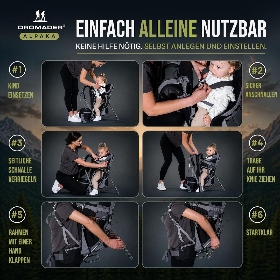 Dromader Kraxe Kindertrage bis 22kg – Kindertrage Wandern mit Sonnendach, Regenschutz, Thermotasche,