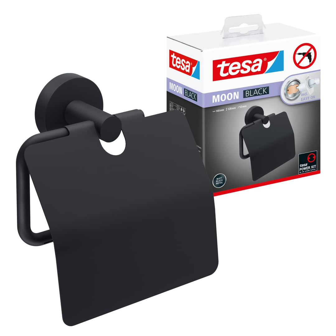 tesa Moon Black Toilettenpapierhalter mit Deckel, matt schwarz - WC-Rollenhalter zur Wandbefestigung