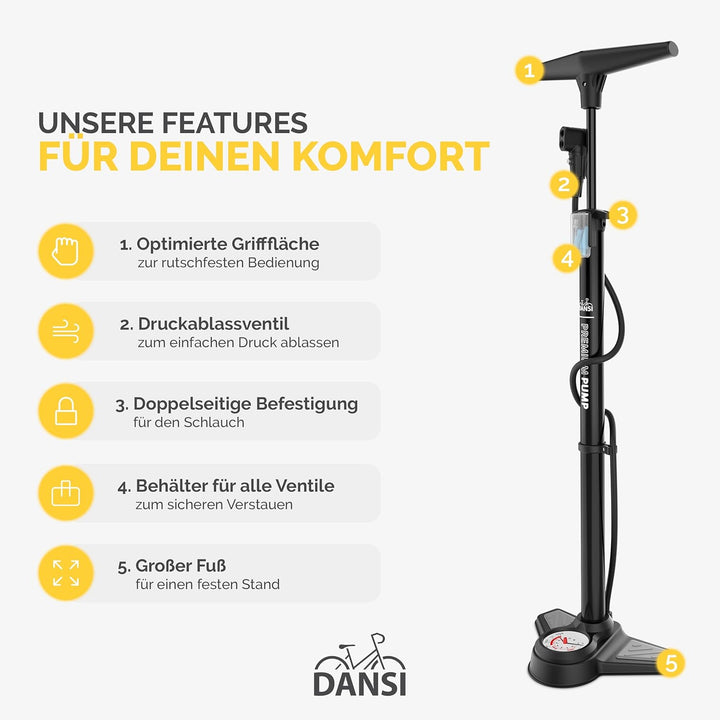 DANSI Standluftpumpe, Verschiedene Modelle, mit Adaptern, passend für alle gängigen Ventile, mit Man