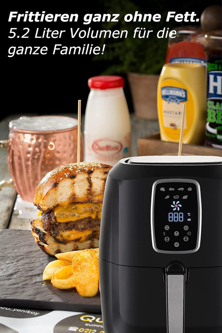 Heissluftfritteuse XXL Premium 5.2L - Airfryer Mit Touch-Bedienfeld, Neueste Technik, 100% knusprig,