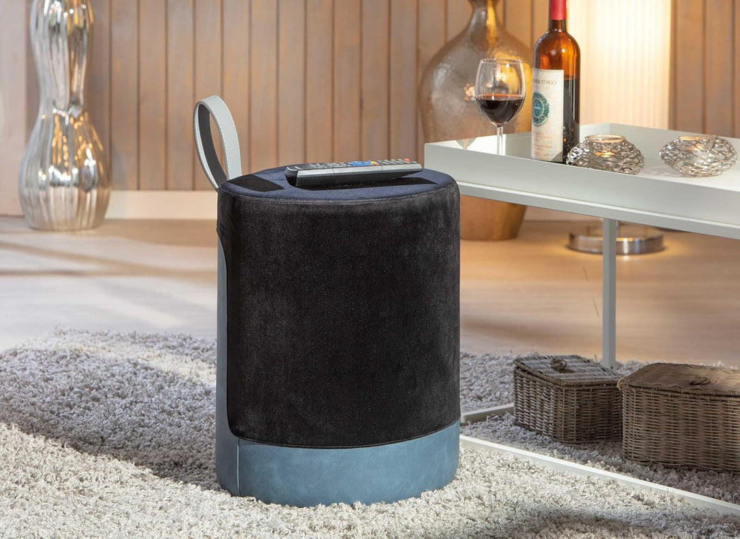 Schwarz-blauer Samthocker mit Kunstledergriff, 38x32,5x43 cm Schwarz, Blau, Schwarz, Blau