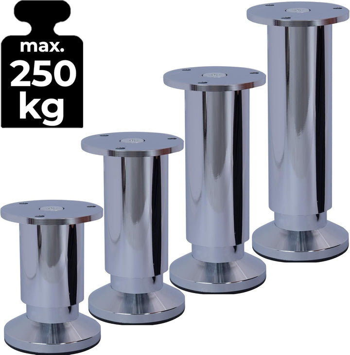 Stahlia Möbelfüsse verstellbar (4er Set) 25cm Höhe Chrom Glanz Ø 38mm Aluminium Schrankfüsse belastb