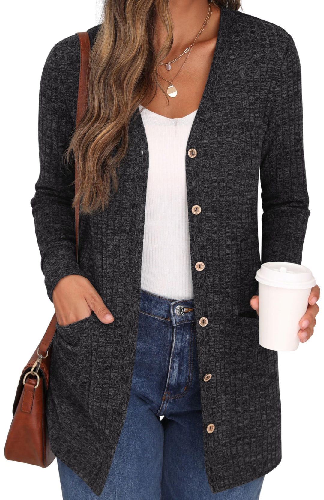 GRECERELLE Damen Leichte Strickjacke Lang mit Taschen und Knöpfen Long Elegant Cardigan V-Ausschnitt