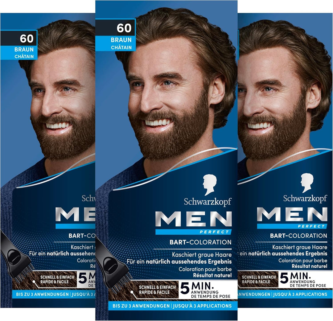 Schwarzkopf Men Perfect Bart-Coloration 60 Natur Braun Stufe 2 (30 ml), Bartfärbemittel zum Kaschier
