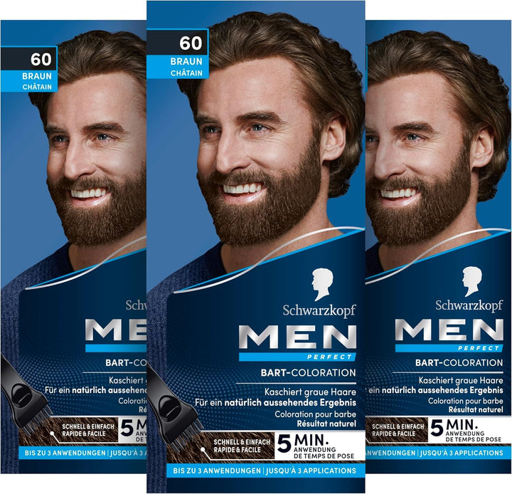 Schwarzkopf Men Perfect Bart-Coloration 60 Natur Braun Stufe 2 (30 ml), Bartfärbemittel zum Kaschier