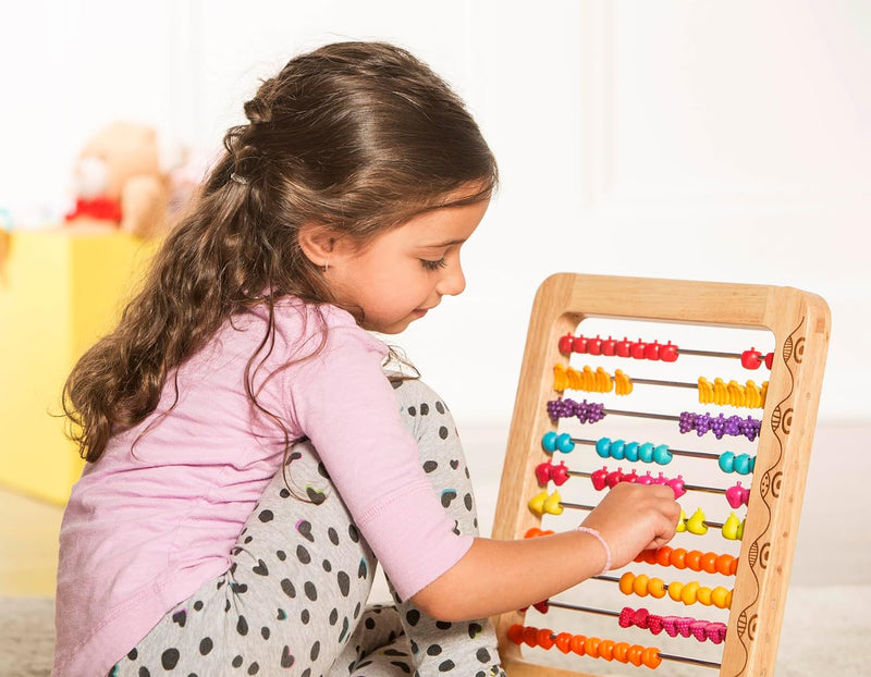B. toys Rechenschieber aus Holz mit 100 Perlen – Lernspielzeug Abakus mit bunten Obstperlen – Rechen