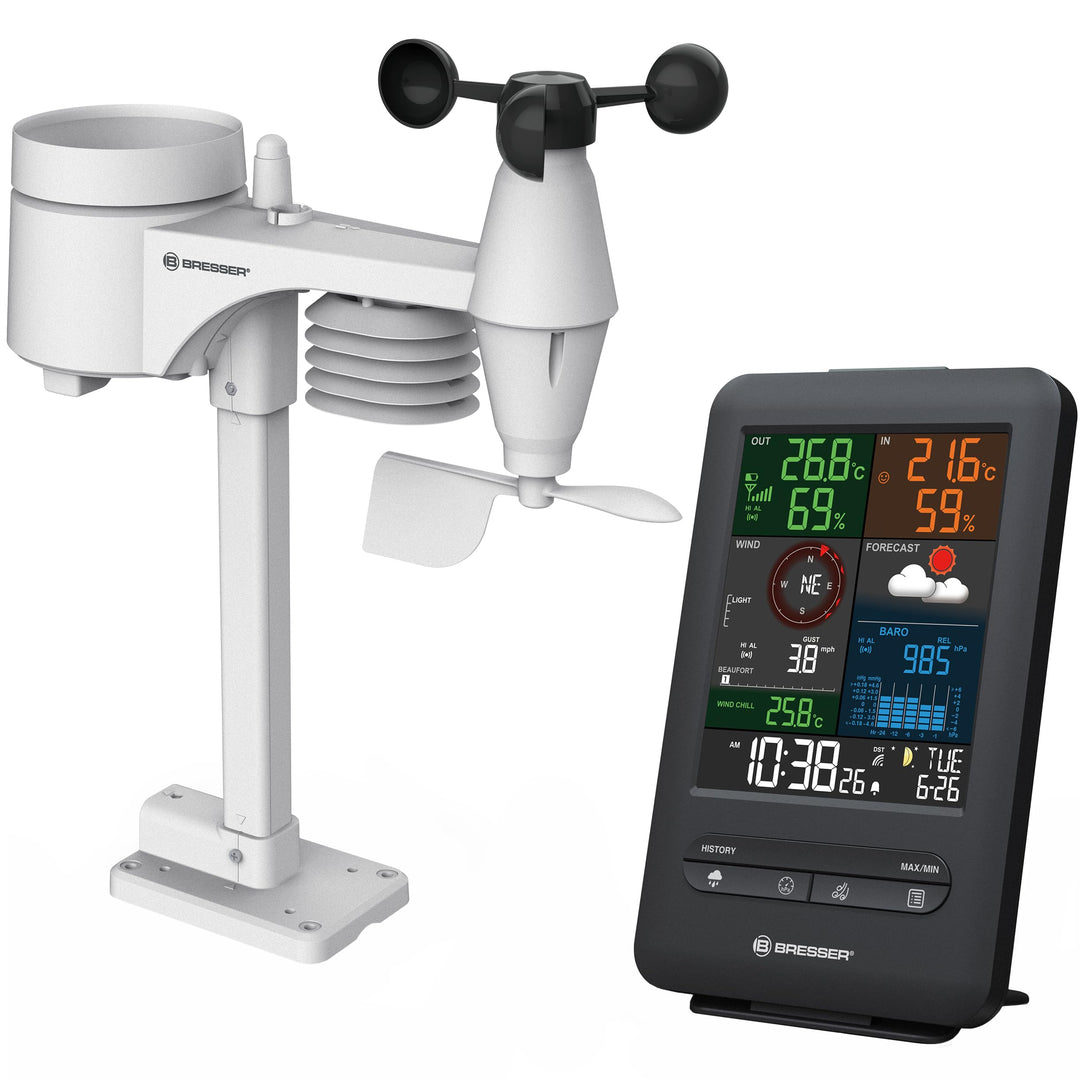 Bresser Wetterstation Funk mit Aussensensor Wetter Center 5-in-1 Beaufort mit grossem Farbdisplay, S