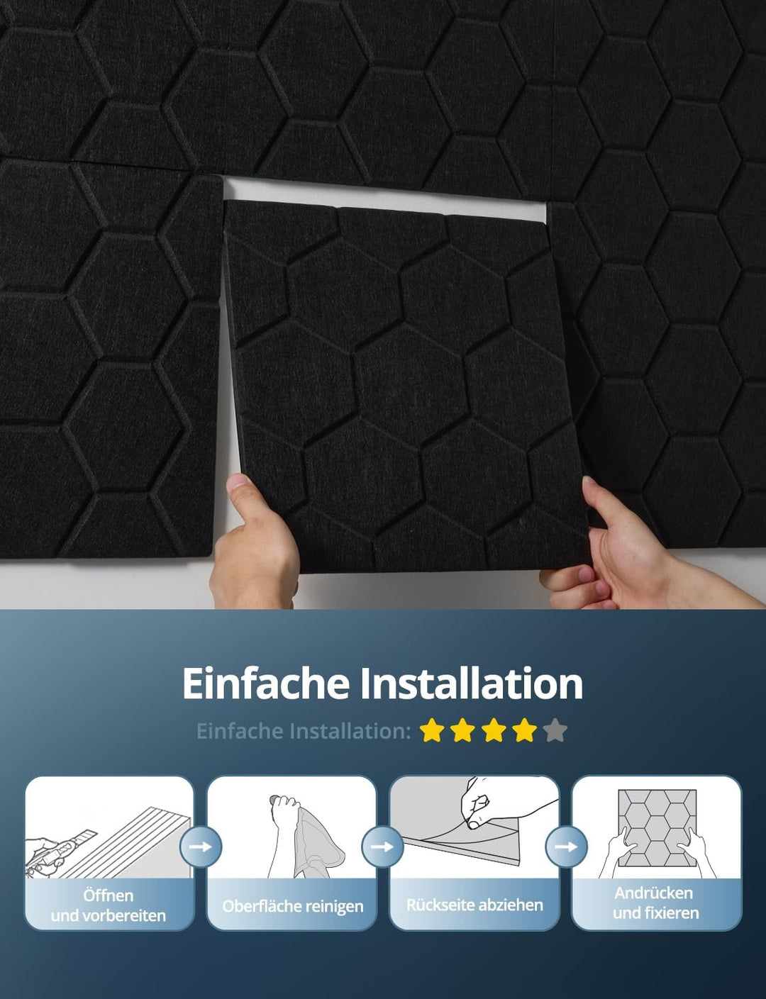 Kuchoow Waben Akustikpaneele Selbstklebend 12 Stück Akustikplatten für Wand & Akustik Buero, Schwarz