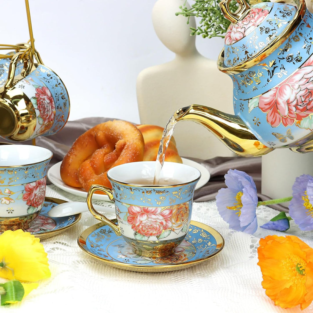 20 Stück Teeservice Porzellan Teeset mit Metallhalter, 700ml Teekanne Keramik Teeset, Blumendesign G