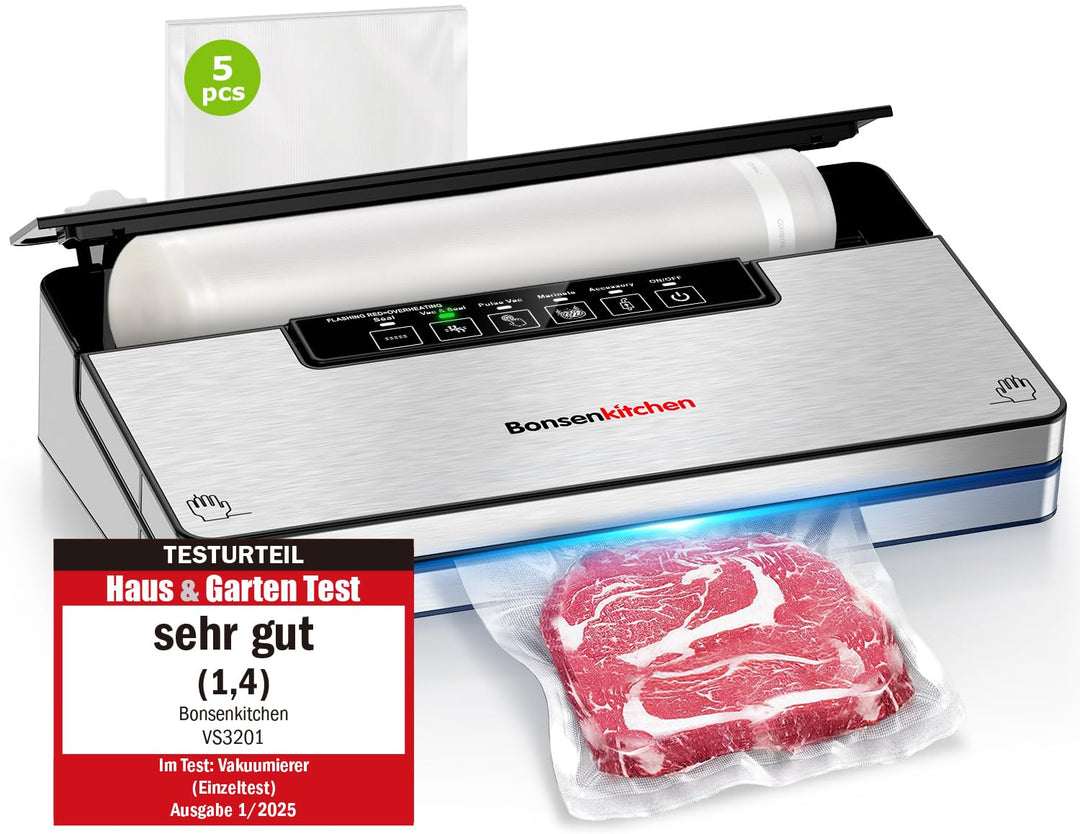 Bonsenkitchen Vakuumierer, Stark Vakuumiergerät mit 5 Modi, 8 L/Min, Globefish-Technologie für Konti
