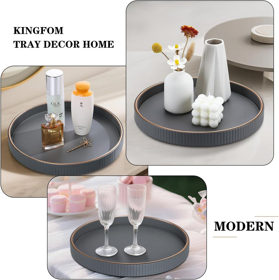 KINGFOM Tablett Serviertablett Gross Deko Tablett Rund Ø 30 cm | PU Leder Dekotablett Valet Tablet f