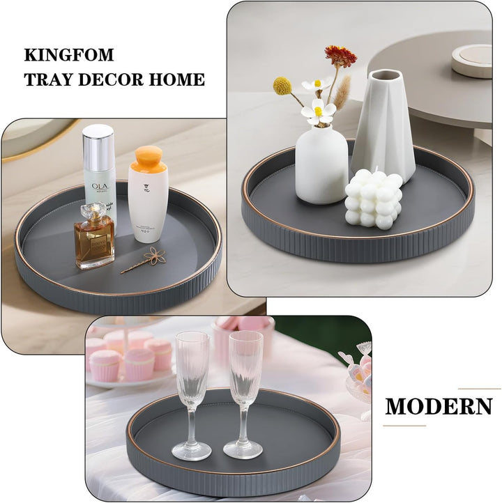 KINGFOM Tablett Serviertablett Gross Deko Tablett Rund Ø 30 cm | PU Leder Dekotablett Valet Tablet f