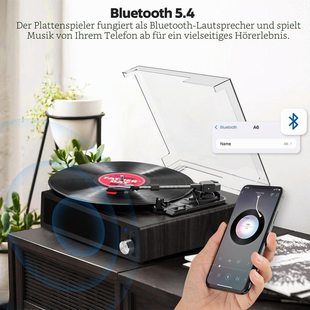 FYDEE Plattenspieler, Bluetooth 5.4 Schallplattenspieler mit Einstellbarer Auflagekraft, 2x3W Stereo